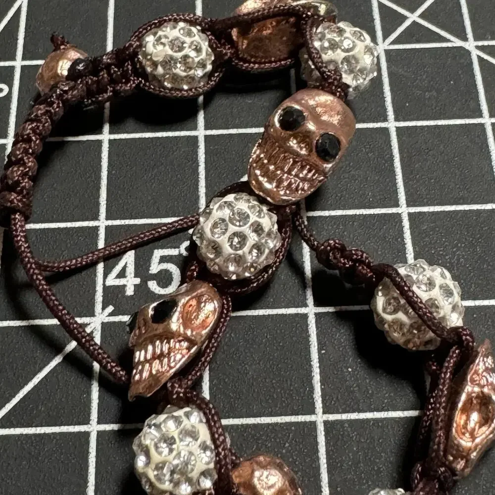 Rose Gold Tone Skull Bracelet with Crystal Rhinestone Beads and Adjustable Cord